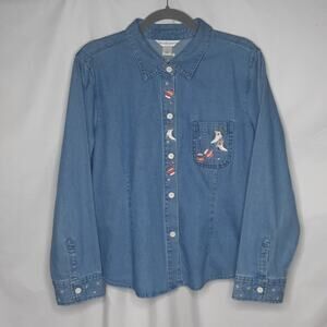 Christopher & Banks Women's Winter Theme Embroidered Denim Shirt Large
